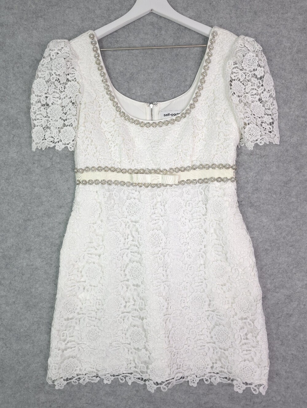 Self-Portrait Pearl-Embellished Guipure Lace Scoop-Neck White Mini Dress - Picture 5 of 14